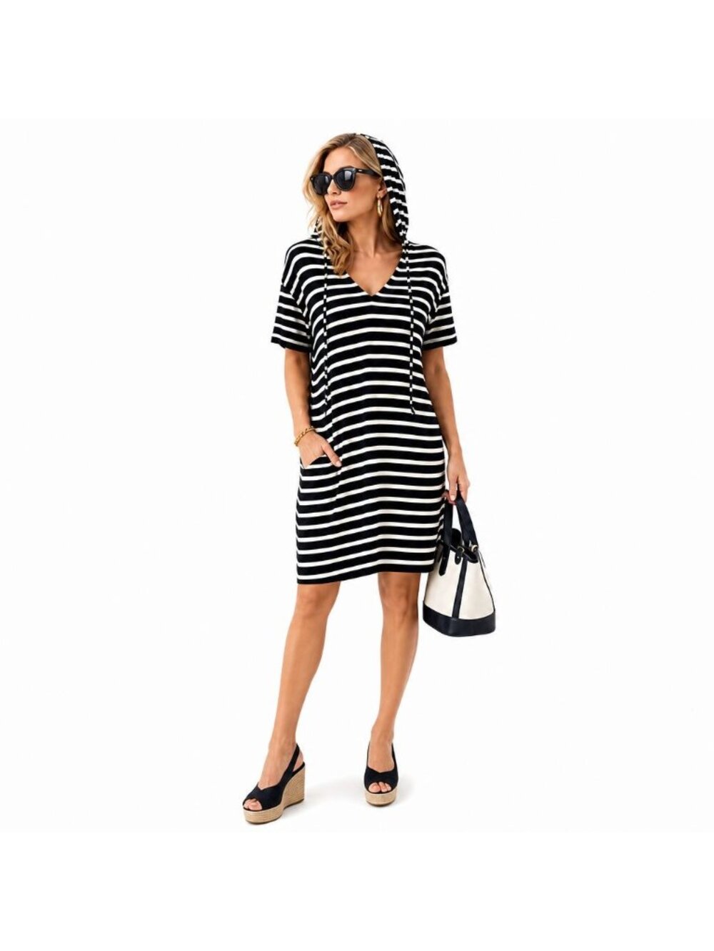 Cabi Womens L Nautical Resort Striped Navy White Short-Sleeve Hooded Dress Beach